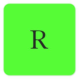 Monogram Initial Neon Green Solid Color Simple Square Sticker