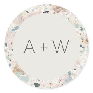 Monogram Initials Pastel Terrazzo Pattern Wedding Classic Round Sticker