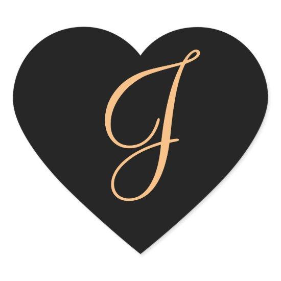 Monogram J gold color on Midnight blackm Heart Sticker