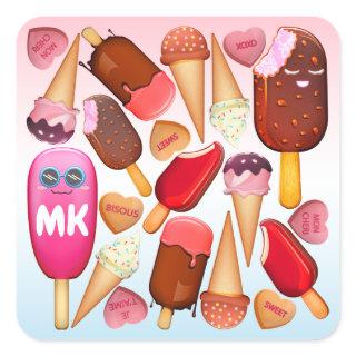 Monogram Kawaii Ice Cream Cone Popsicle Treats Square Sticker