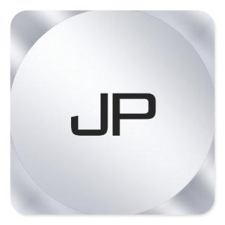 Monogram Metallic Faux Silver Template Modern Square Sticker