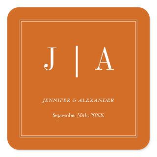 Monogram Modern Simple Burnt Orange White Wedding Square Sticker