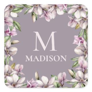Monogram Monogrammed Magnolia Floral Personalized Square Sticker