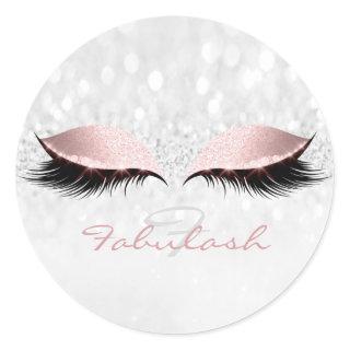 Monogram Name Glitter Pink Eye Lash Girl 16 Silver Classic Round Sticker