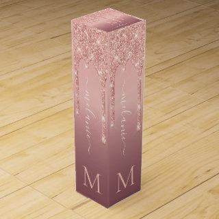 Monogram Name Rose Gold Glitter Wine Gift Box