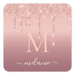 Monogram Name Text Rose Gold Blush Glitter Sparkle Square Sticker