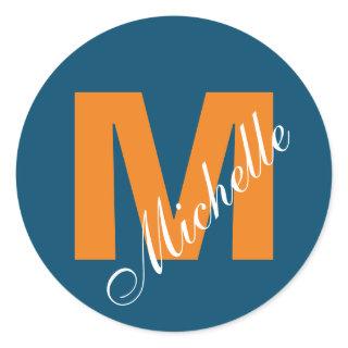 Monogram Own Name Initial Modern Ocean Blue Orange Classic Round Sticker