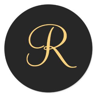 Monogram R,  gold colored initial R on black, Classic Round Sticker