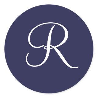 Monogram R, White on Navy Blue, Classic Round Sticker