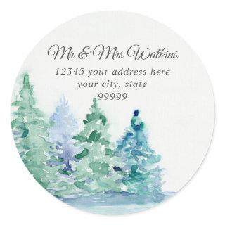 Monogram Return Address Mountain Lake n Pine Trees Classic Round Sticker