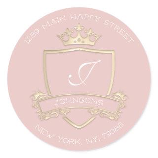 Monogram Rose Gold Crown Royal RSVP Return Address Classic Round Sticker