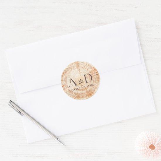 Monogram Rustic Wedding Wood Slice Custom Classic Round Sticker