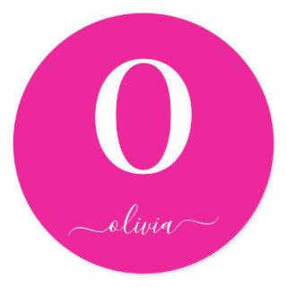 Monogram Script Name Personalized Hot Pink White Classic Round Sticker