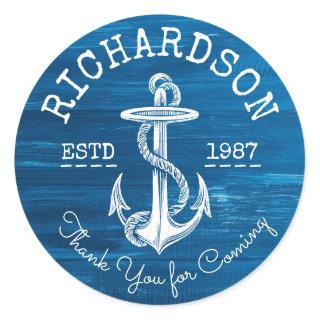 Monogram Vintage Nautical Anchor Blue Painted Wood Classic Round Sticker