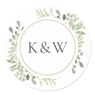 Monogram Watercolour Greenery Wedding Favor Classic Round Sticker