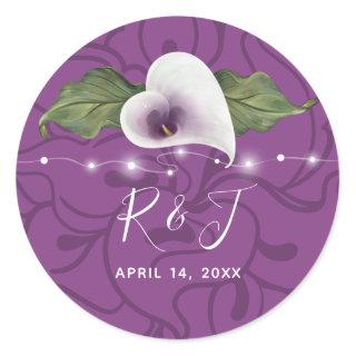 Monogram White and Purple Calla Lily Wedding Classic Round Sticker