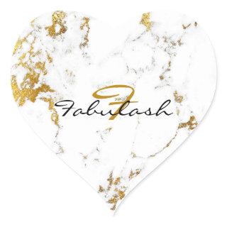 Monogram White Marble Gold Glitter Name Heart Heart Sticker
