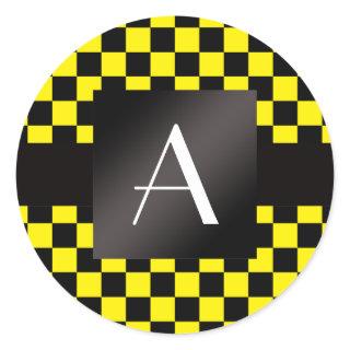 Monogram yellow and black checkers classic round sticker