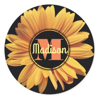 Monogram Yellow Daisy Gerbera Aster Elegant Flower Classic Round Sticker