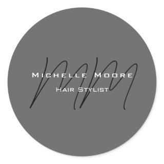 Monogrammed Black Grey Calligraphy  Classic Round Sticker