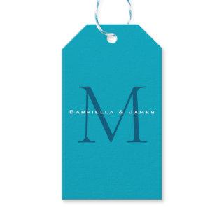 Monogrammed Calligraphy Azure Blue Modern Plain Gift Tags
