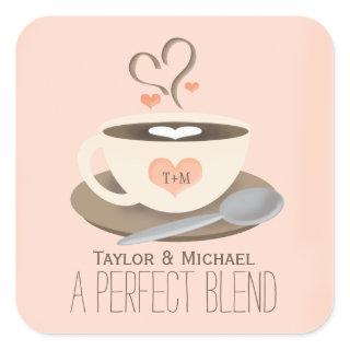 Monogrammed Coffee Cup Heart Wedding Party Favor Square Sticker