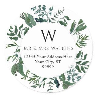 Monogrammed Emerald Forest Foliage Return Address  Classic Round Sticker