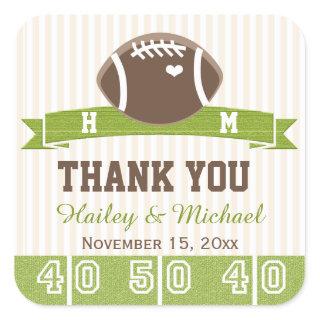 MONOGRAMMED FOOTBALL THANK YOU WEDDING FAVOR SQUARE STICKER