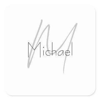 Monogrammed Minimalist Plain Modern Name Square Sticker