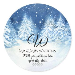 Monogrammed Return Address Snowy Winter Forest Classic Round Sticker