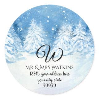 Monogrammed Return Address Snowy Winter Trees Classic Round Sticker