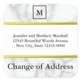 Monogrammed White Marble Look Change of Address Square Sticker