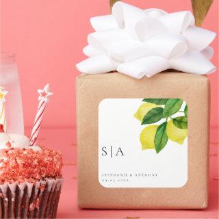 Monograms Lemon Citrus Branch Greenery Wedding  Square Sticker