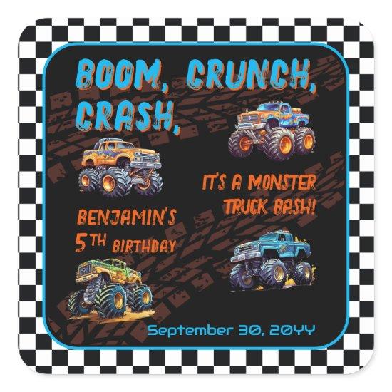Monster Truck Bash Boy 5th Birthday Party Square Sticker