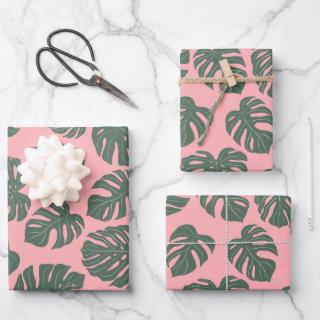 Monstera Leaf Plant Botanical in Pink and Green  Sheets