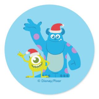 Monsters Inc. | Mike & Sulley Santa Claus Wave Classic Round Sticker