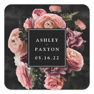 Moody and Romantic Pink Floral Bouquet on Black  Square Sticker