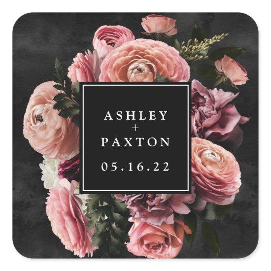 Moody and Romantic Pink Floral Bouquet on Black  Square Sticker