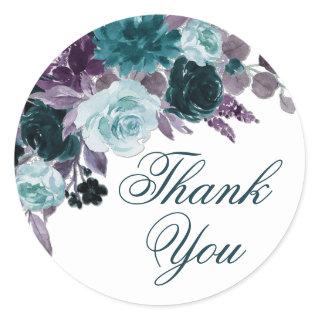 Moody Boho | Teal and Turquoise Floral Thank You Classic Round Sticker