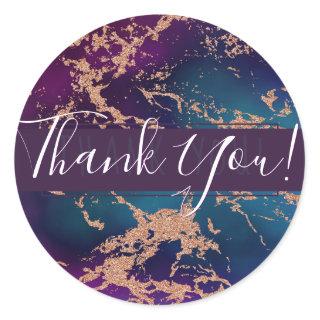 Moody Luxe Marble | Deep Purple and Teal Thank You Classic Round Sticker