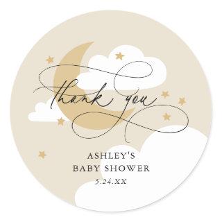 Moon and Stars Beige Script Baby Shower Thank You Classic Round Sticker