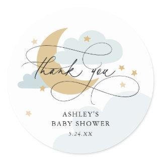 Moon and Stars Blue Script Baby Shower Thank You C Classic Round Sticker