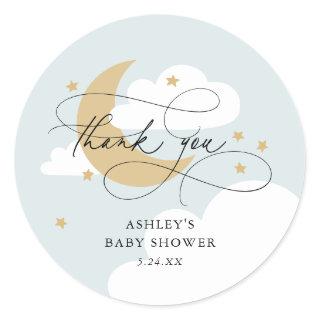Moon and Stars Blue Script Baby Shower Thank You Classic Round Sticker