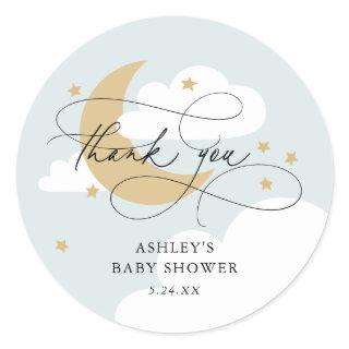 Moon and Stars Blue Script Baby Shower Thank You Classic Round Sticker