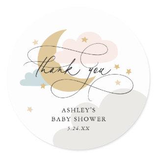 Moon and Stars Multi Script Baby Shower Thank You Classic Round Sticker