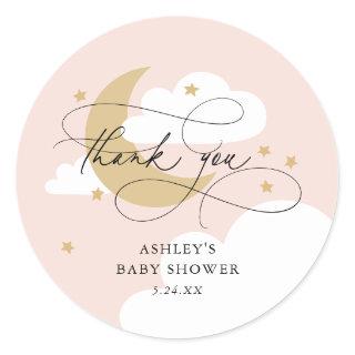 Moon and Stars Pink Script Baby Shower Thank You Classic Round Sticker