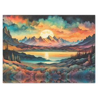Moon Rising Over Mountains, Retro Color Design Tissue Paper