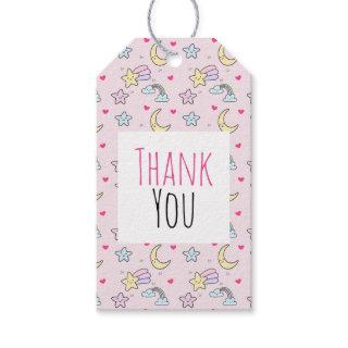 Moon, Stars and Clouds Pattern on Pink Thank You Gift Tags