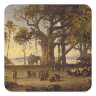 Moonlit Scene of Indian Figures and Elephants amon Square Sticker