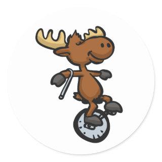 Moose riding unicycle | choose background color classic round sticker